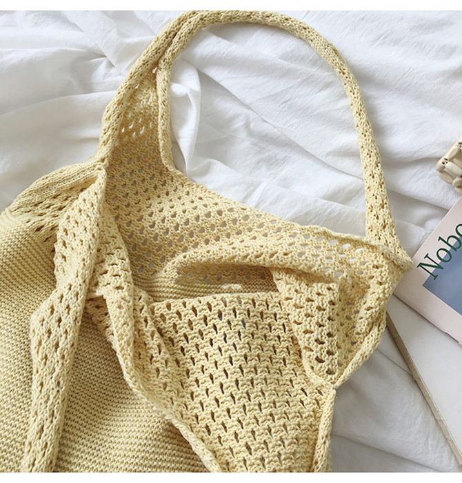 Pastel Cotton Knit Shoulder Tote with Openwork Top Panel