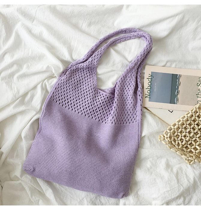 Pastel Cotton Knit Shoulder Tote with Openwork Top Panel