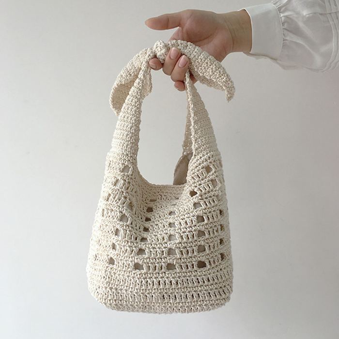 Cotton Crochet Bucket Bag with Rectangular Openwork Rows