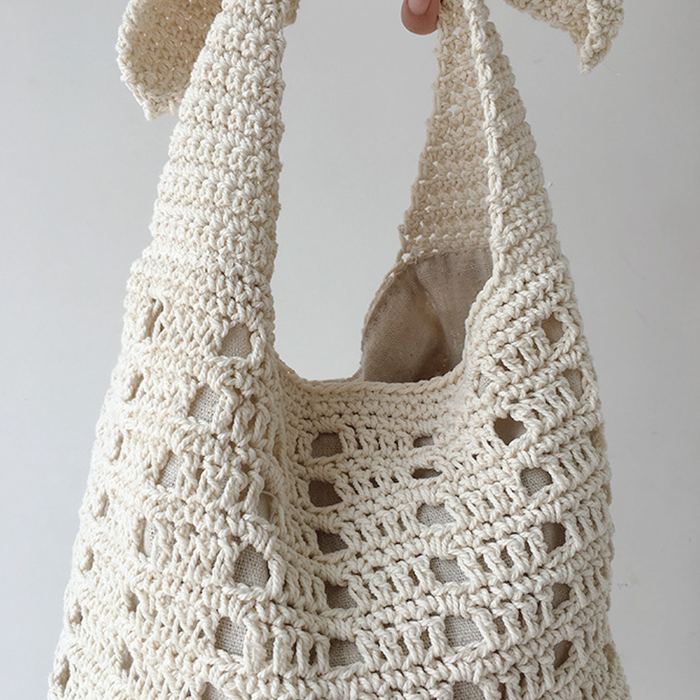 Cotton Crochet Bucket Bag with Rectangular Openwork Rows