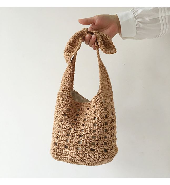 Cotton Crochet Bucket Bag with Rectangular Openwork Rows