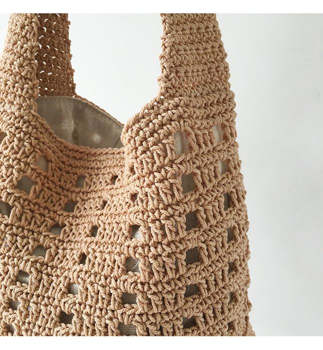Cotton Crochet Bucket Bag with Rectangular Openwork Rows