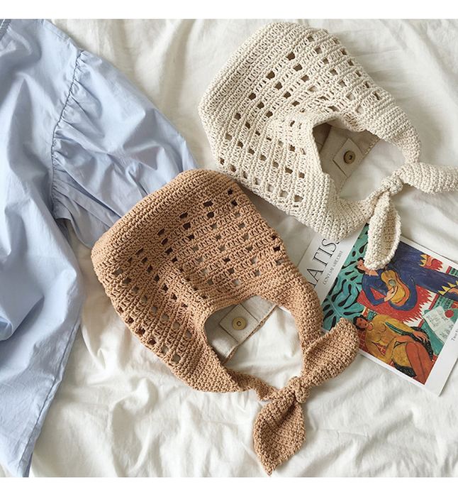 Cotton Crochet Bucket Bag with Rectangular Openwork Rows