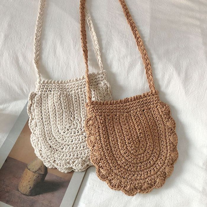 Mini Cotton Knit Shoulder Bag with Scalloped Edge