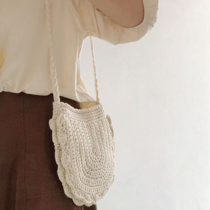Mini Cotton Knit Shoulder Bag with Scalloped Edge