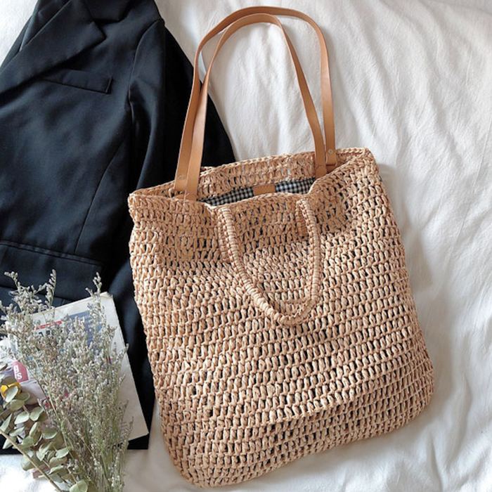 Tall Straw Tote with Tan Shoulder Handles