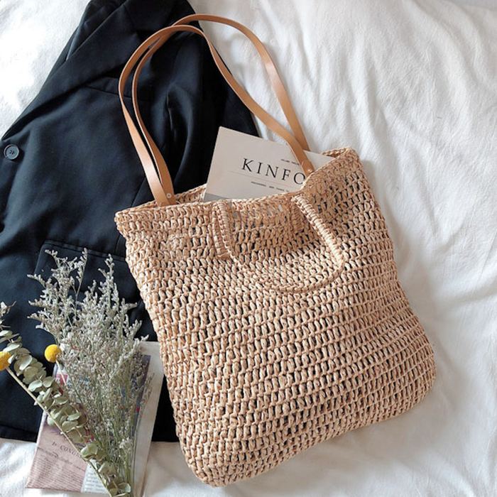 Tall Straw Tote with Tan Shoulder Handles
