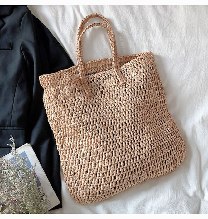 Tall Straw Tote with Tan Shoulder Handles