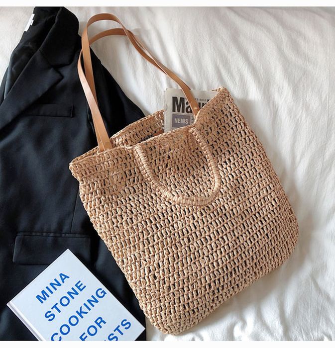 Tall Straw Tote with Tan Shoulder Handles