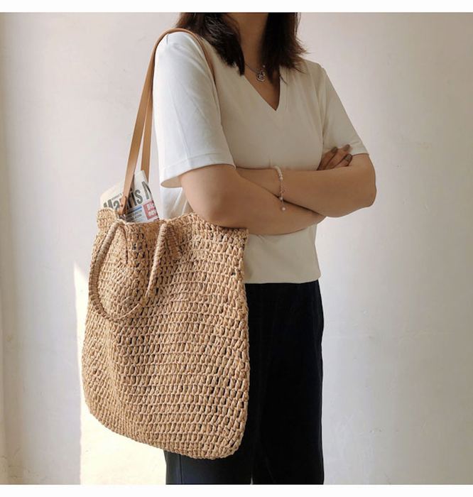 Tall Straw Tote with Tan Shoulder Handles