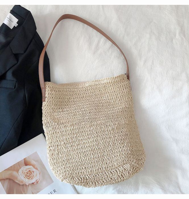 Tall Woven Straw Shoulder Bag with Slim Brown Strap