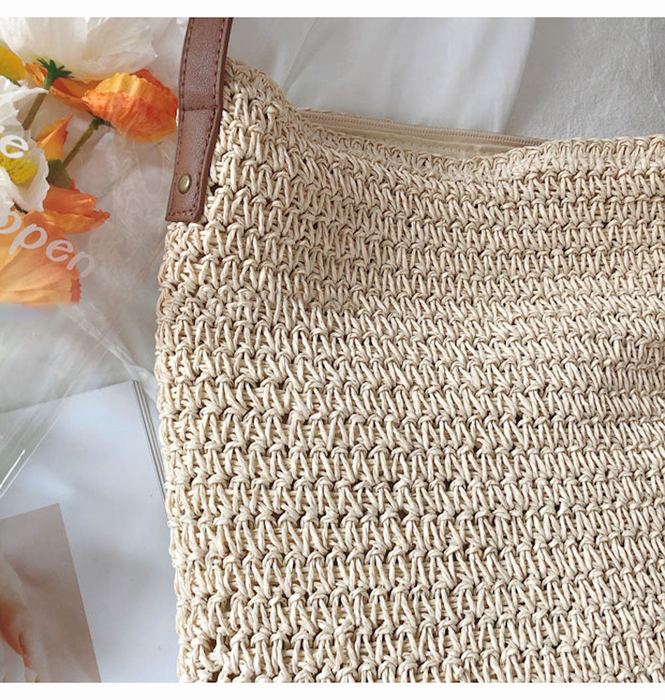 Tall Woven Straw Shoulder Bag with Slim Brown Strap