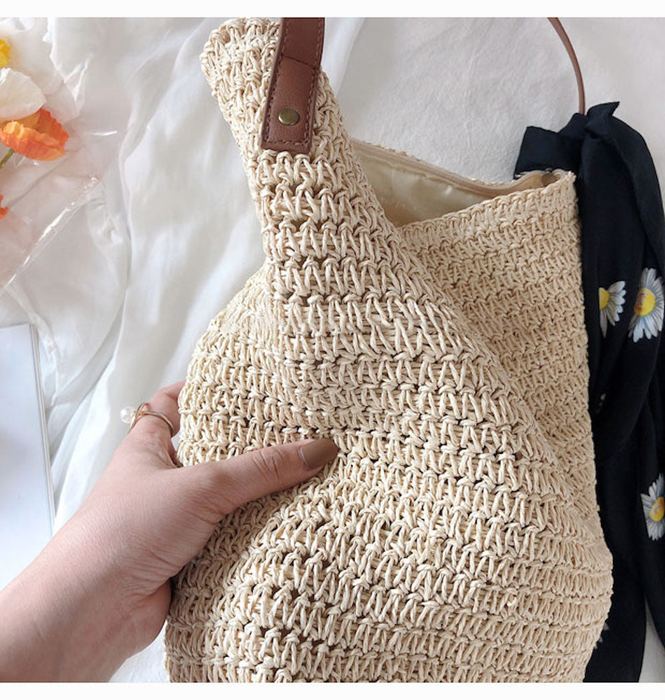Tall Woven Straw Shoulder Bag with Slim Brown Strap