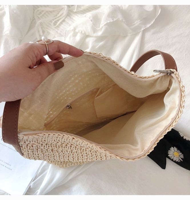 Tall Woven Straw Shoulder Bag with Slim Brown Strap