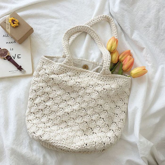 Cotton Knit Shoulder Bag with Diagonal Textured Rows