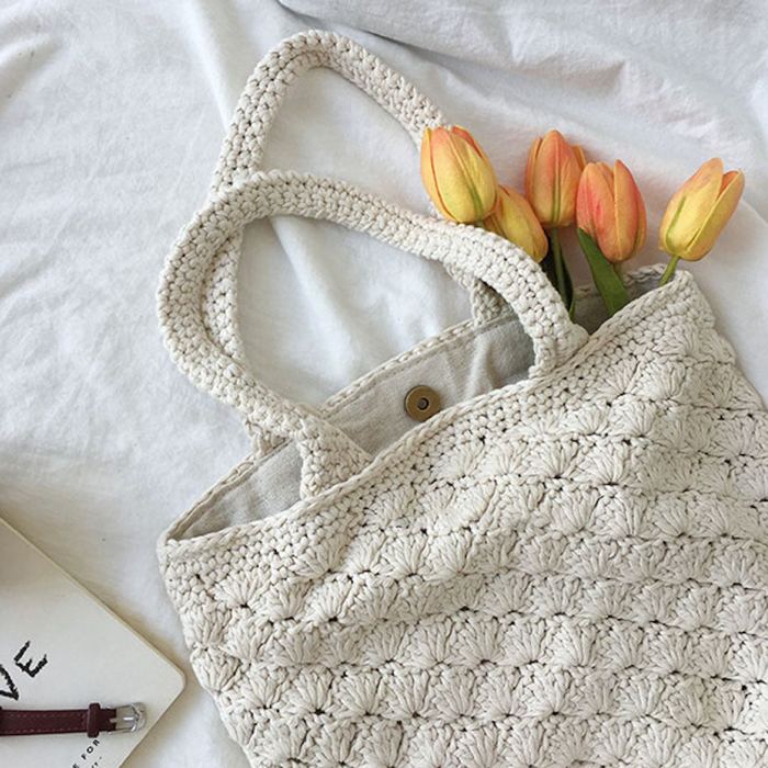 Cotton Knit Shoulder Bag with Diagonal Textured Rows