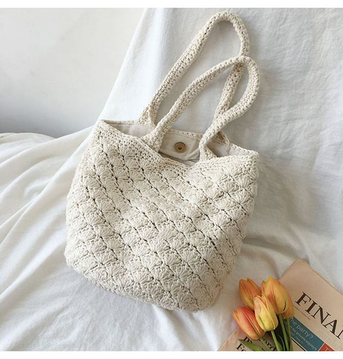 Cotton Knit Shoulder Bag with Diagonal Textured Rows