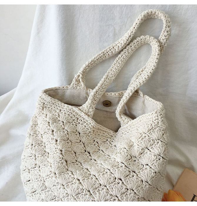 Cotton Knit Shoulder Bag with Diagonal Textured Rows