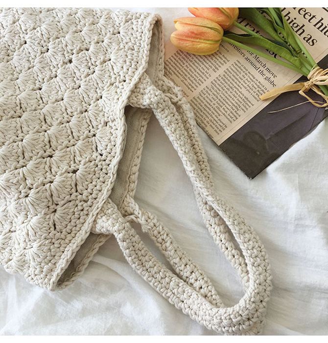 Cotton Knit Shoulder Bag with Diagonal Textured Rows