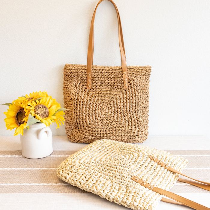 Square Spiral-Weave Straw Tote with Slim Shoulder Handles