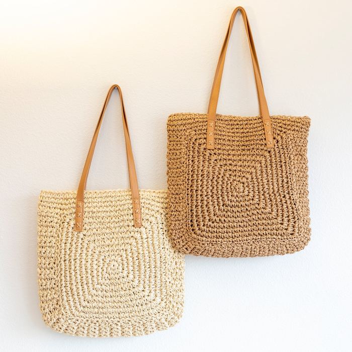 Square Spiral-Weave Straw Tote with Slim Shoulder Handles