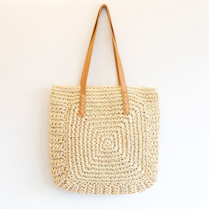 Square Spiral-Weave Straw Tote with Slim Shoulder Handles