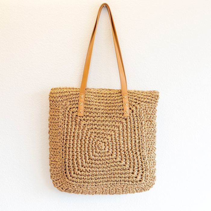 Square Spiral-Weave Straw Tote with Slim Shoulder Handles