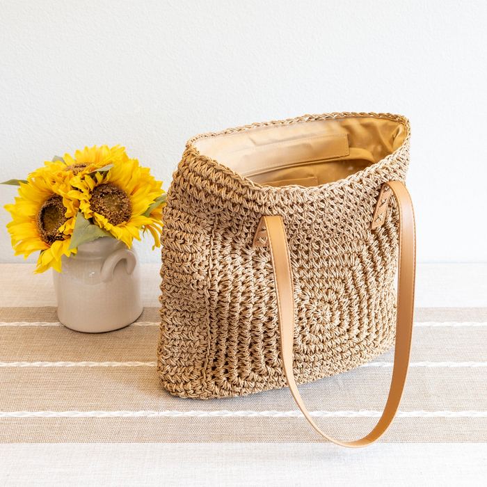 Square Spiral-Weave Straw Tote with Slim Shoulder Handles
