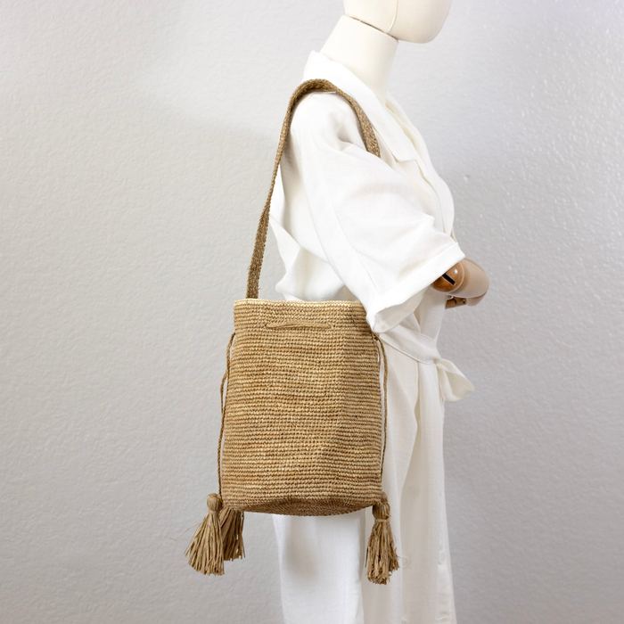 Raffia Bucket Shoulder Bag with Side Tassels