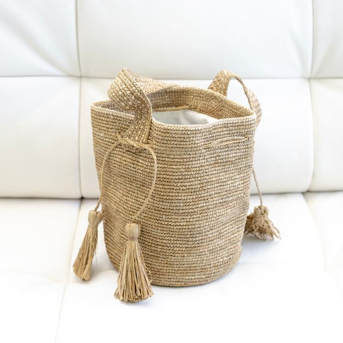 Raffia Bucket Shoulder Bag with Side Tassels