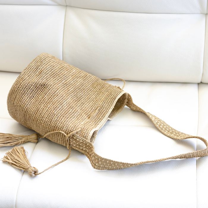 Raffia Bucket Shoulder Bag with Side Tassels