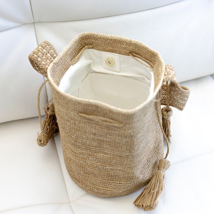 Raffia Bucket Shoulder Bag with Side Tassels