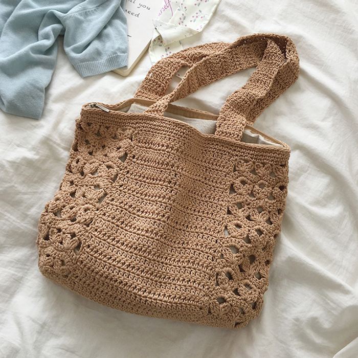 Cotton Knit Shoulder Tote with Floral Openwork Side Borders