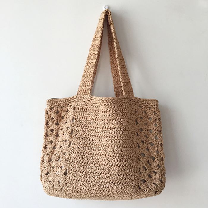 Cotton Knit Shoulder Tote with Floral Openwork Side Borders