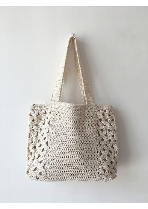 Cotton Knit Shoulder Tote with Floral Openwork Side Borders