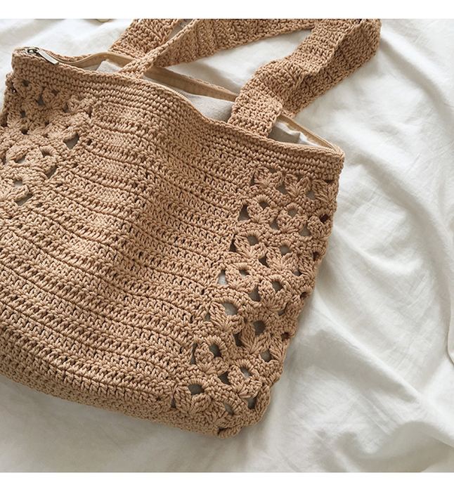Cotton Knit Shoulder Tote with Floral Openwork Side Borders