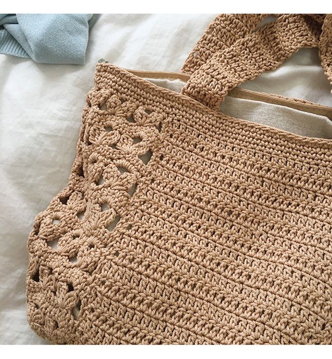 Cotton Knit Shoulder Tote with Floral Openwork Side Borders