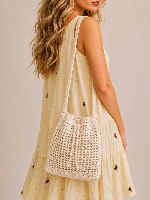 Crochet Drawstring Crossbody Bucket Bag with Ball-End Ties