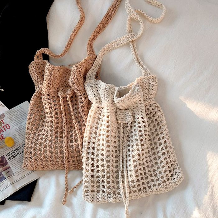 Crochet Drawstring Crossbody Bucket Bag with Ball-End Ties