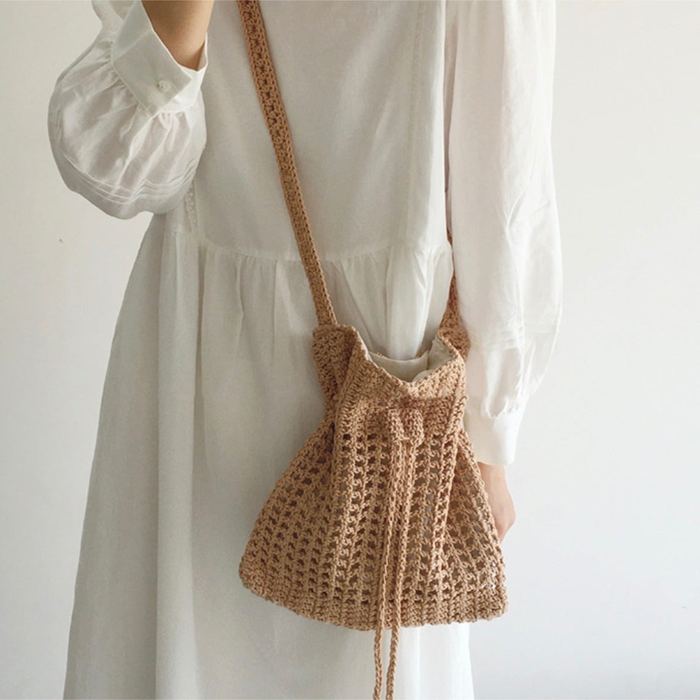 Crochet Drawstring Crossbody Bucket Bag with Ball-End Ties