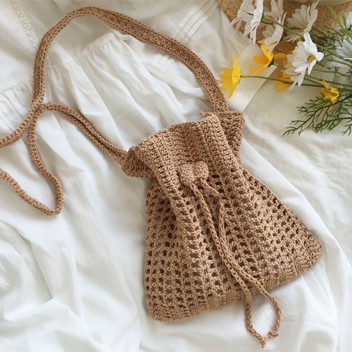 Crochet Drawstring Crossbody Bucket Bag with Ball-End Ties
