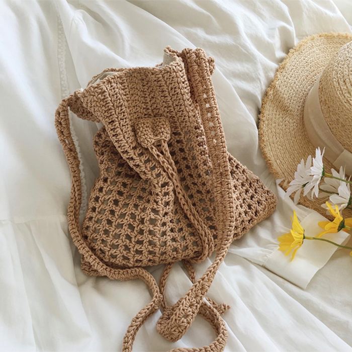 Crochet Drawstring Crossbody Bucket Bag with Ball-End Ties