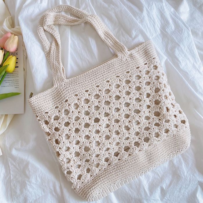 Floral Openwork Crochet Tote with Dense Top Border
