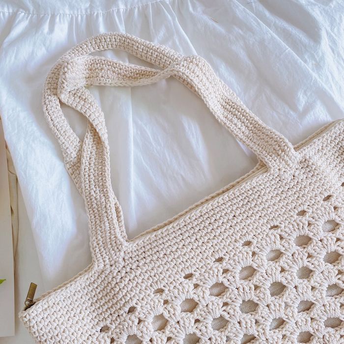 Floral Openwork Crochet Tote with Dense Top Border
