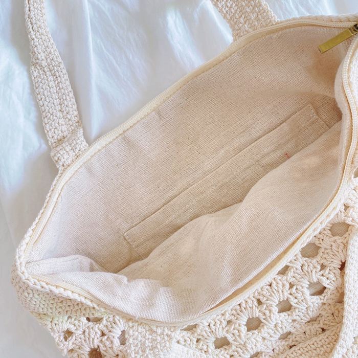Floral Openwork Crochet Tote with Dense Top Border