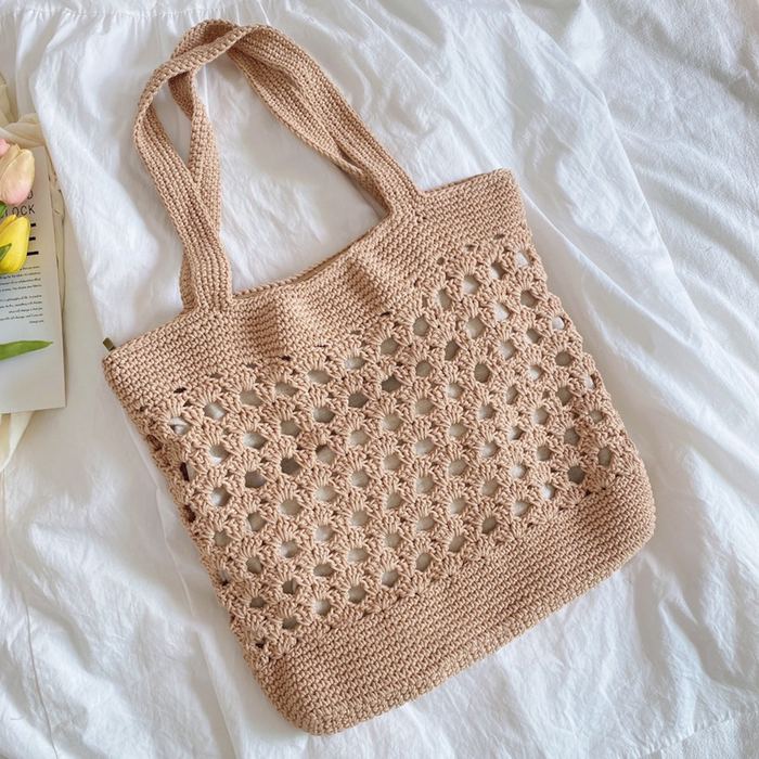 Floral Openwork Crochet Tote with Dense Top Border