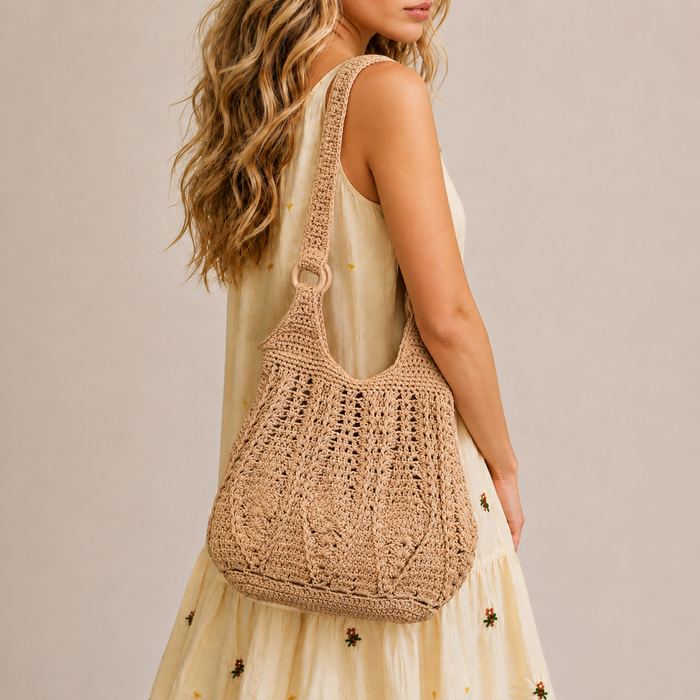 Rounded Cotton Knit Shoulder Bag with Vertical Twist Texture