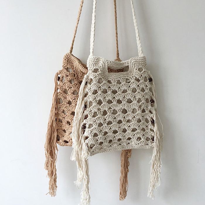 Small Cotton Crochet Shoulder Bag with Long Side Tassels