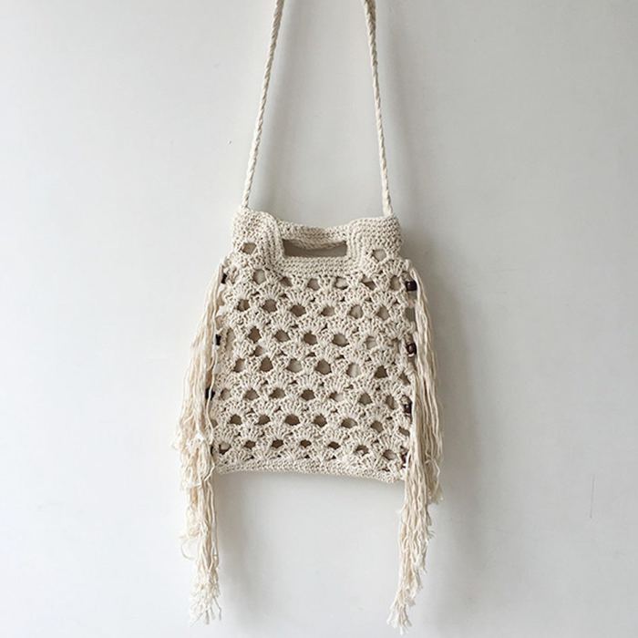 Small Cotton Crochet Shoulder Bag with Long Side Tassels