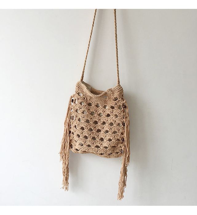 Small Cotton Crochet Shoulder Bag with Long Side Tassels